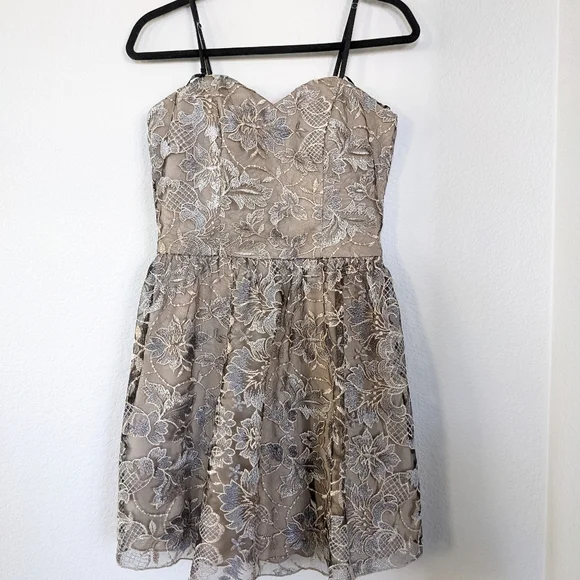 Xtraordinary Embroidered Floral and Lace Mini Dress, Silver and Nude, Junior 11 - Picture 5 of 9